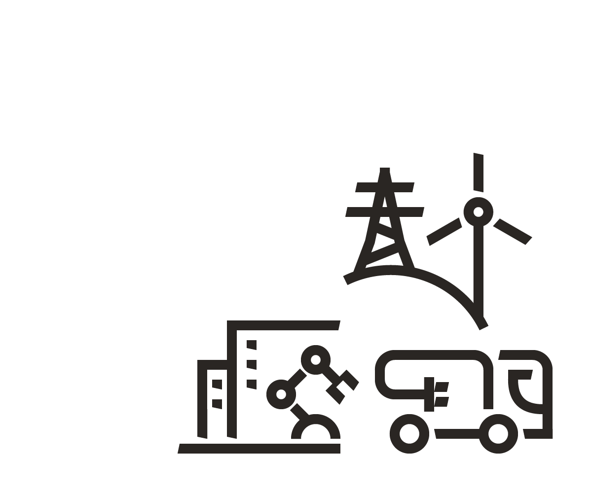 A stylised icon featuring buildings, a lorry and an abstract symbol above them, representing industry and logistics.