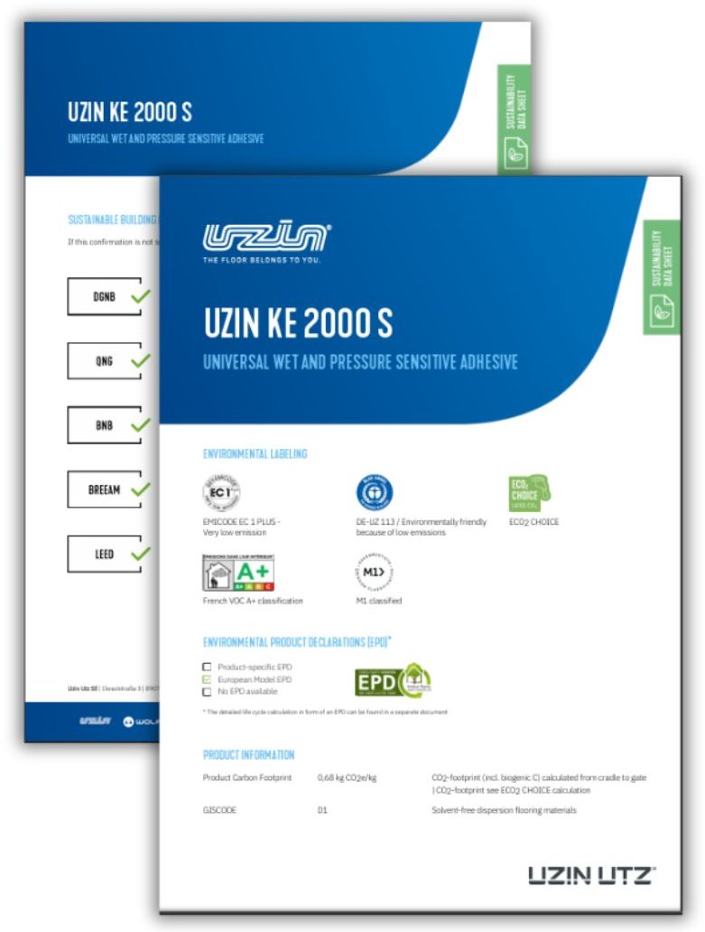 Uzin Utz sustainability data sheets featuring environmental indicators and product information in a modern, clear layout