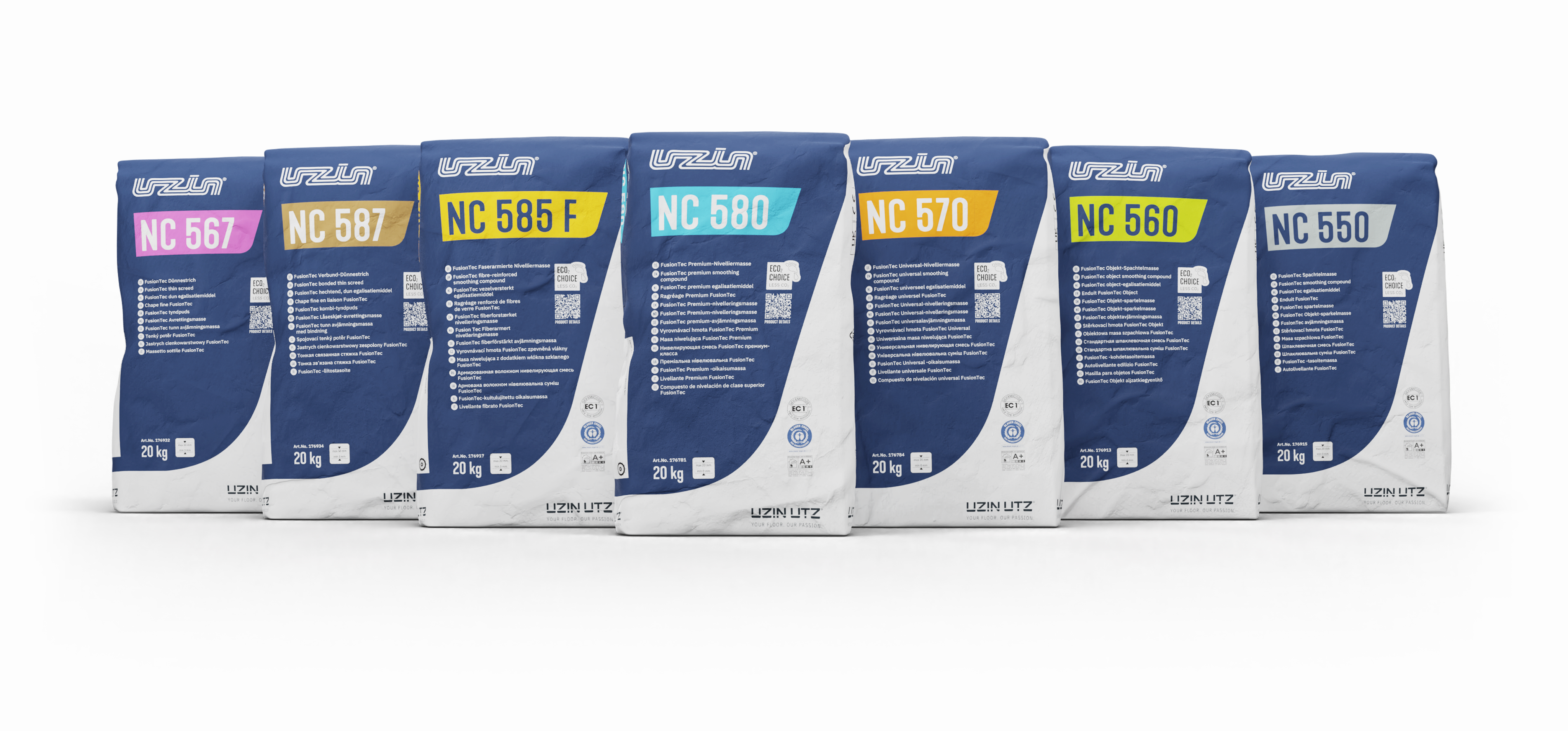 The Uzin Utz range of levelling compounds in blue bags, clearly arranged for professional floor installers